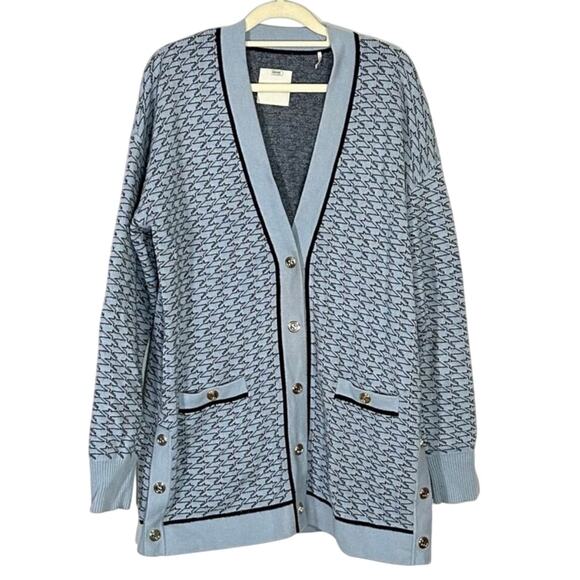 Sandro Preston Wool Cashmere Patterned intarsia Cardigan Sweater Bleus Blue - Picture 2 of 5